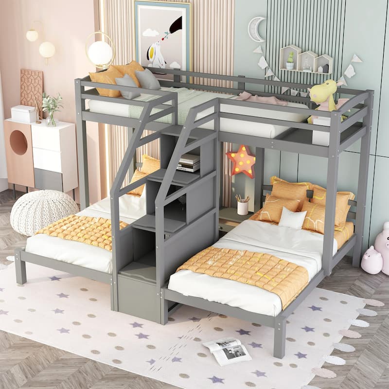 Twin Bunk Bed with Built-In Staircase Storage and Modern Design - Gray