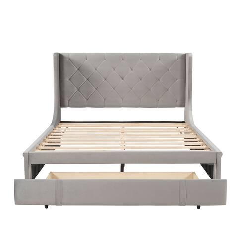 Queen Size Upholstered Platform Bed with Footside Drawer&Wingback Headboard, 84.4''L*65''W*45.5''H, 110LBS