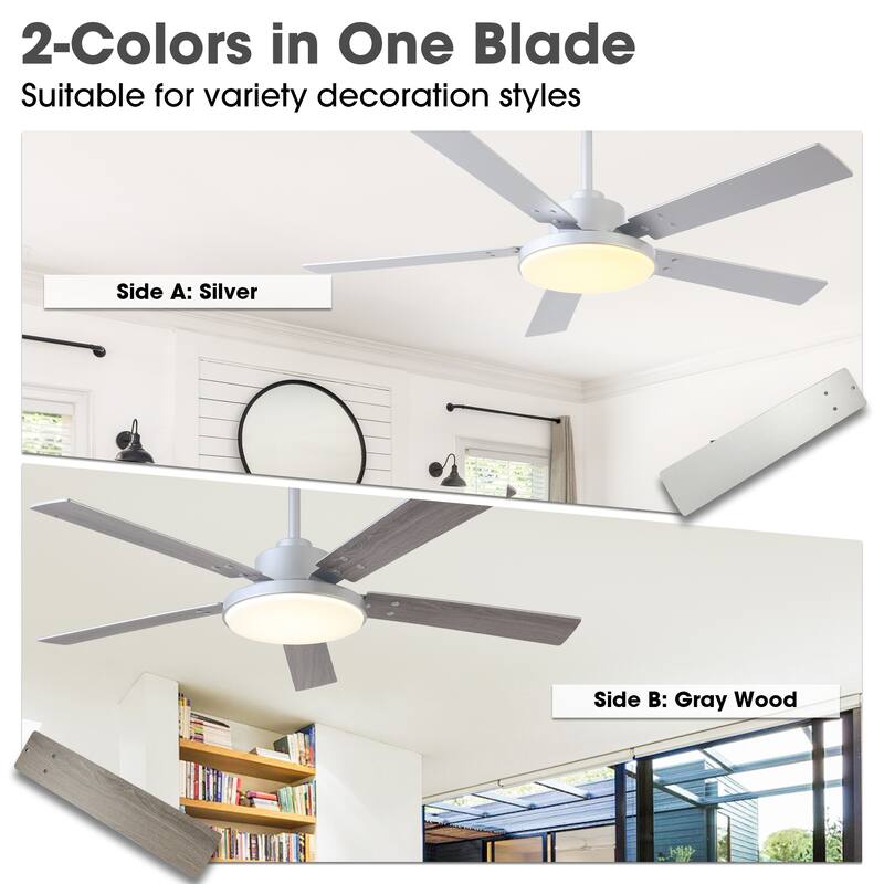 52" Modern Silver Reversible 5-Blade Dimmable Intergrated LED Ceiling Fan with Remote