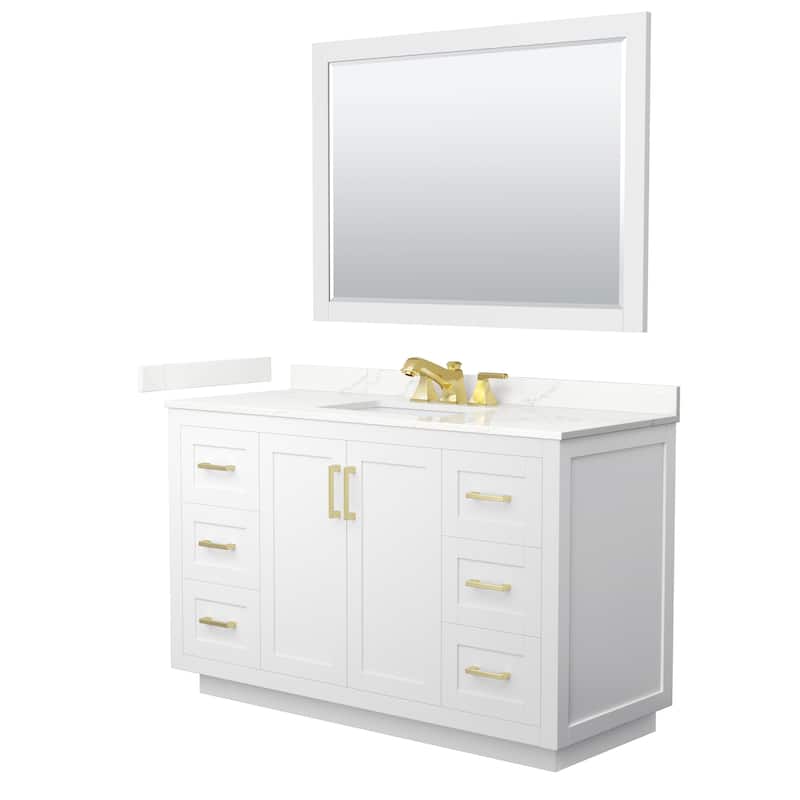 Miranda 54-inch Single Vanity, Quartz Top, 46-inch Mirror - White, Gold Trim, Giotto Quartz Top