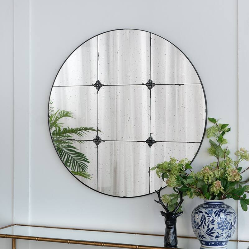 Antique Glass Floral Round Wall Mirror - 35.75"