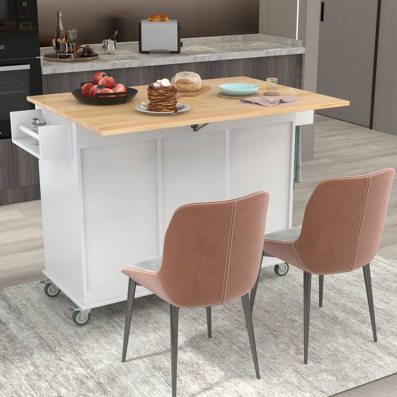 Multi-Functional Kitchen Island on Wheels with Expandable Drop Leaf, Large Storage & Sturdy Wood Surface