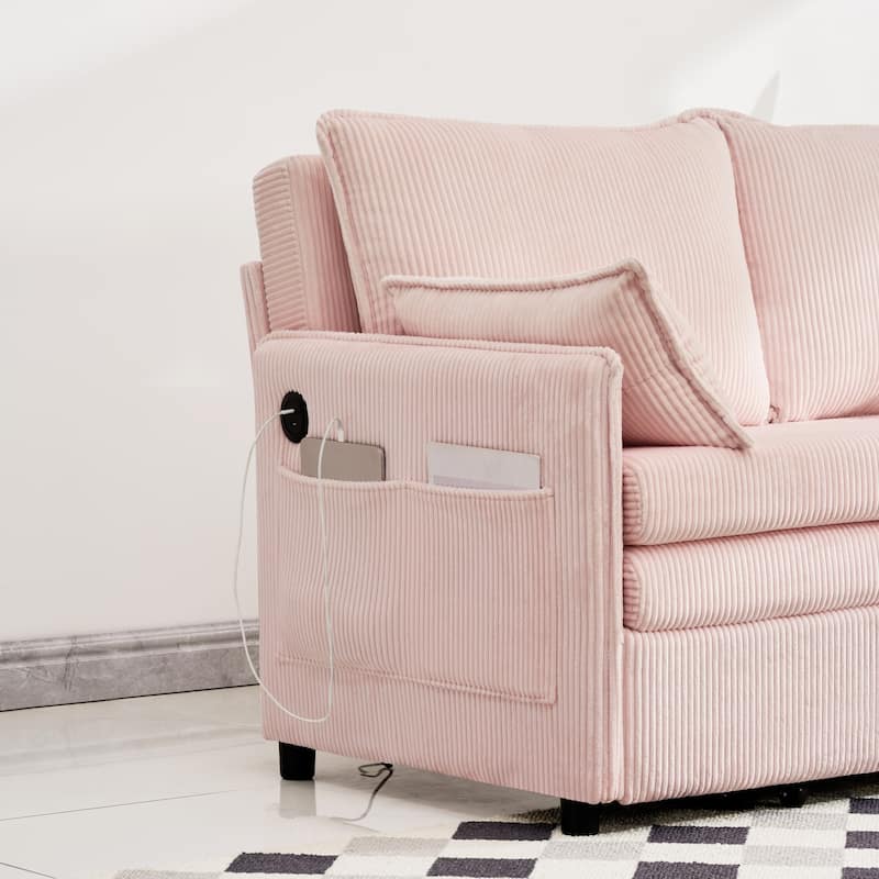 Roomfitters 55" Modern Corduroy Sofa Bed with Pull-out Sleeper Design, Modular Daybed with Storage Pocket & Pillows