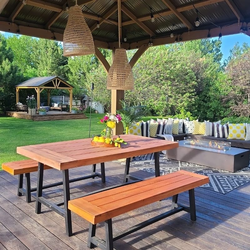 MAISON ARTS 3-Piece Patio Dining Table Set Acacia Wood with 1 Rectangular Table and 2 Benches