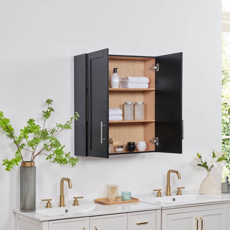 Wooden Wall-Mounted Cabinet with Double Doors and Shelves. - Black - 7.63in. W X24.00in.DX30.00in. H