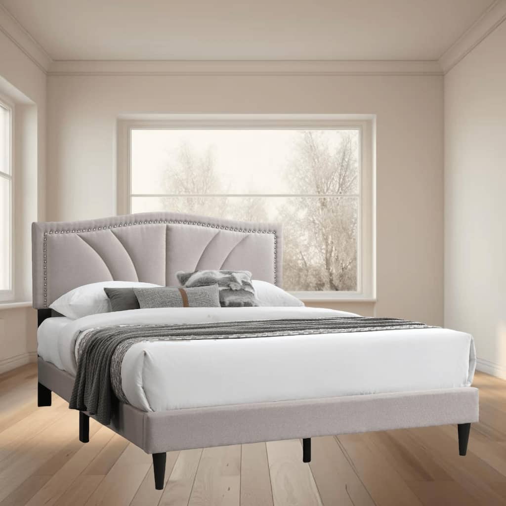 Modern Queen Size Burlap Upholstered Platform Bed with Nailhead Trim, Sloped Headboard, No Box Spring Required for Bedroom