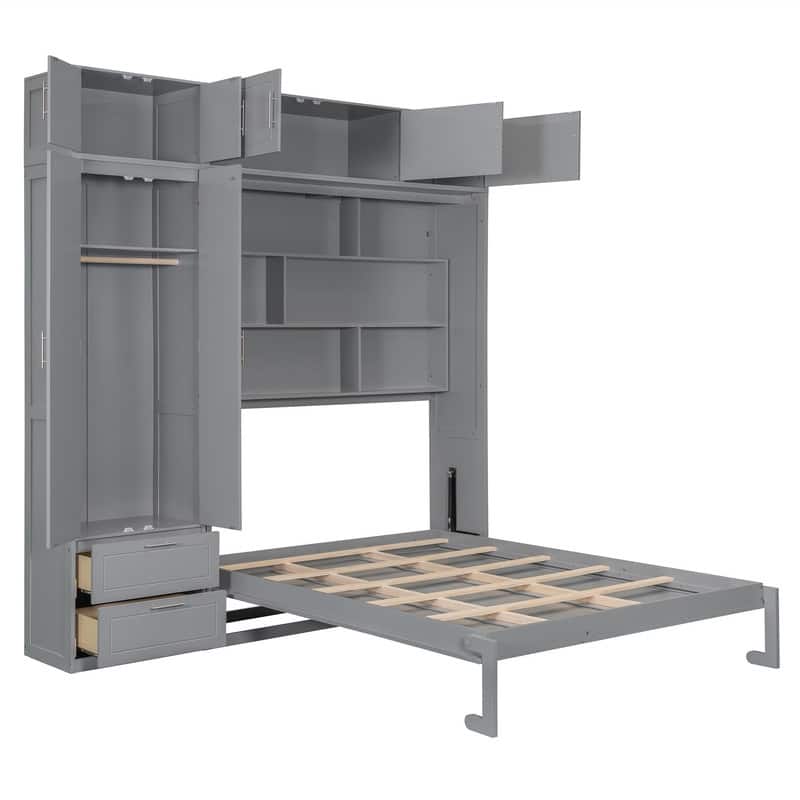Queen Size Murphy Bed Wall Bed with Top Cabinet and Wardrobe, Space Saving Folding Murphy Cabinet Bed with 2 Drawers and Shelves