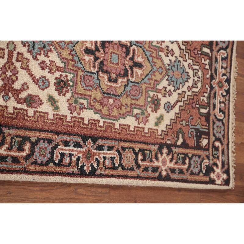 Geometric Beige Heriz Serapi Runner Rug Hand-Knotted Wool Carpet - 2'7"x 7'11"
