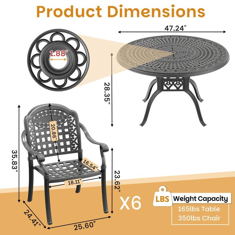 7-Piece Cast Aluminum Outdoor Dining Set with 47.24 in. Round Table and Seat Cushions