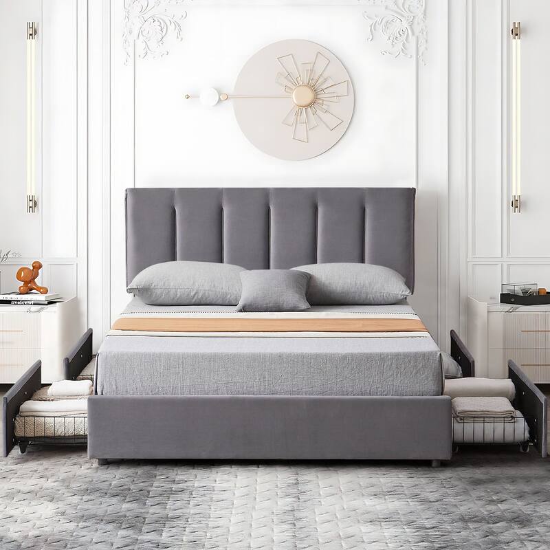 VECELO Bed Frame with 4 Storage Drawers, Upholstered Platform Bed Frame with Adjustable Headboard