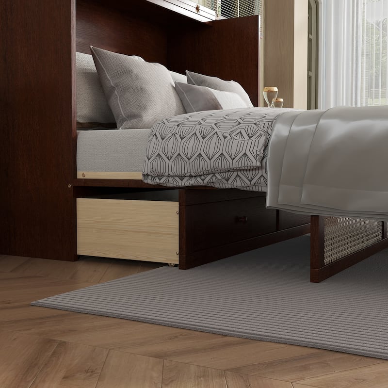 Murphy Bed, Pine Wood Cabinet Bed with Rattan Decoration and Storage Drawer - Walnut