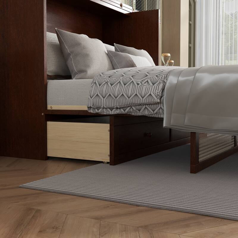 Queen Size Folding Cabinet Bed with Rattan Accent, Solid Pine Frame, Large Storage Drawer, Space-Saving Murphy Design