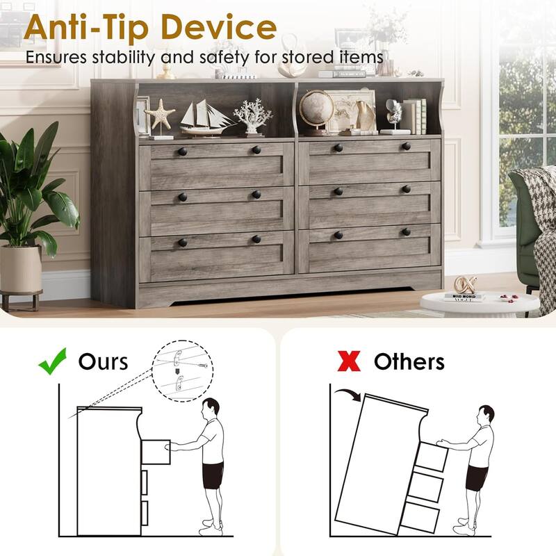 6 Drawer Dresser for Bedroom with Power Outlet and LED Light
