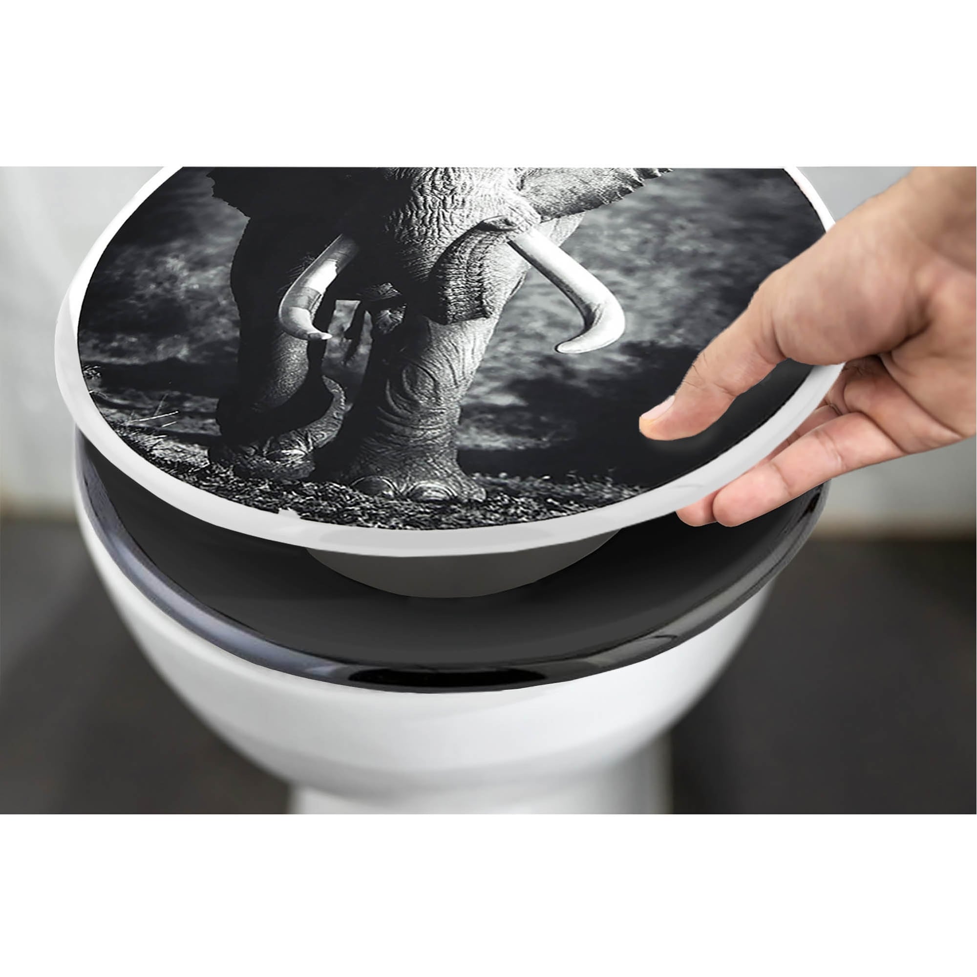 18 Inch Black And White Elongated Toilet Seat With Elephant Print