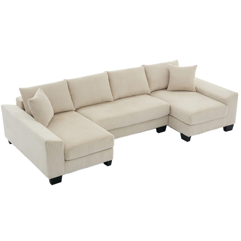 114" U-Shaped Corduroy Pull Out Sleeper Bed Sofa Chaise with Pillows