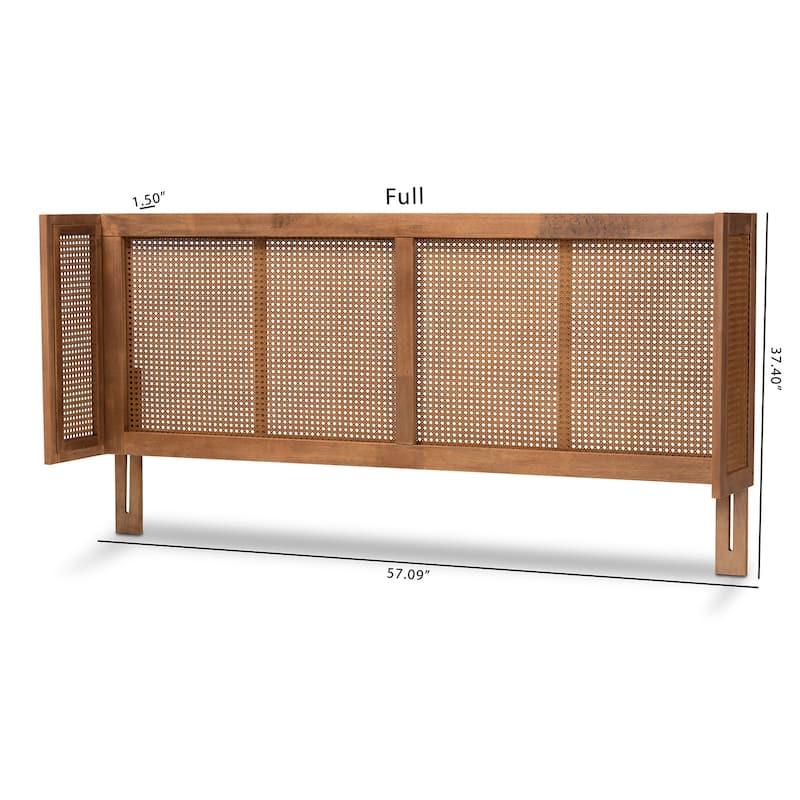 Mid-Century Modern Ash Walnut Wood and Synthetic Rattan King Size Wrap-Around Headboard, Bohemian Charm