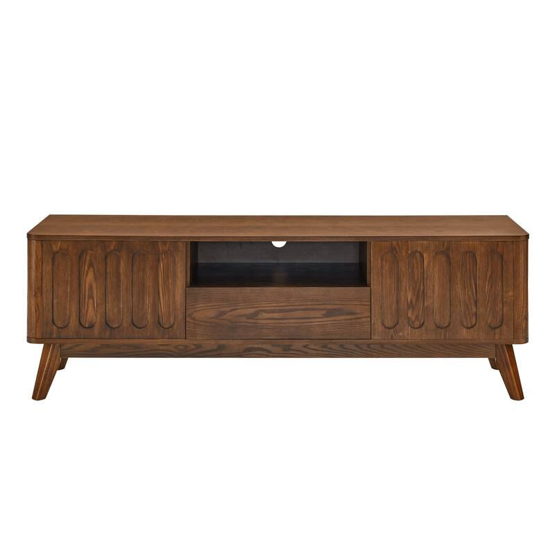 59" Mid-Century Fluted TV Stand for 65" TVs, Modern Wood Entertainment Center with Storage, 2 Doors & 1 Drawer