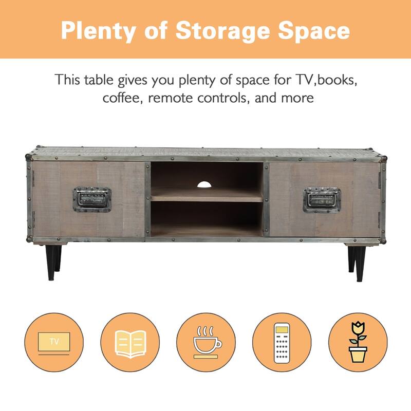 ExBrite Solid Wood Media Console 2 Doors Back Black Metal Legs for TV Table Bench Stand,Gray Wash Finish - 59" x 16" x 21"