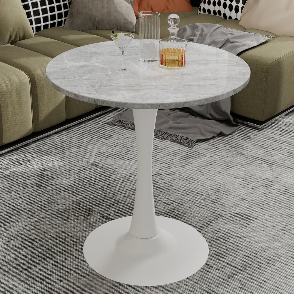 27.6" Mid-Century Modern Style Dining Table, Accommodates 2-4 People, Featuring A Round Light Gray Textured Marble Tabletop