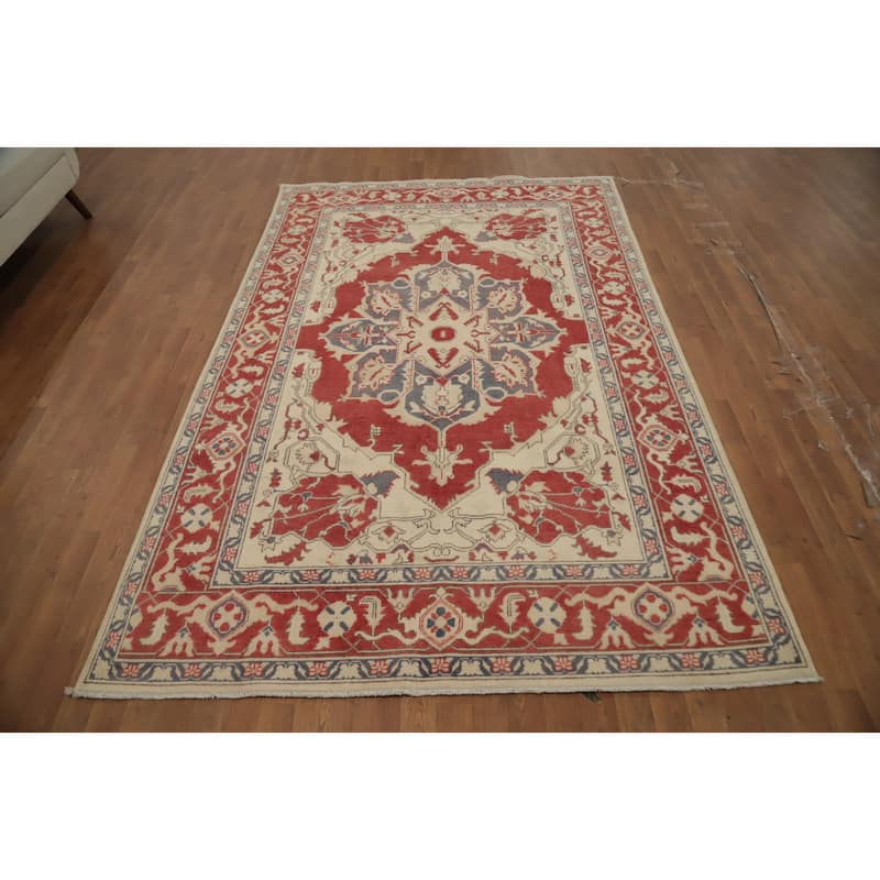 Hand Knotted Oriental 100% Wool Carpet Traditional Medallion Oranges & Rust Heriz (serapi) Area Rug - 9' 0'' X 5' 10''