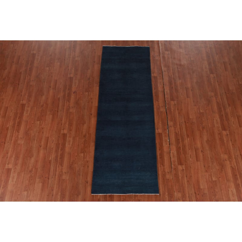 Hand Knotted Oriental 100% Wool Carpet Modern Solid Navy Blue & Blues Gabbeh Runner Rug - 8' 2'' X 2' 8''