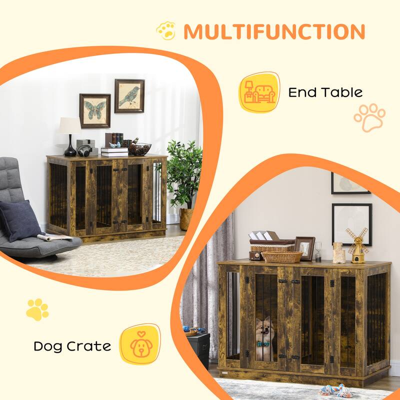 PawHut Large Furniture Style Dog Crate with Removable Panel, End Table with Two Rooms Design and Two Front Doors