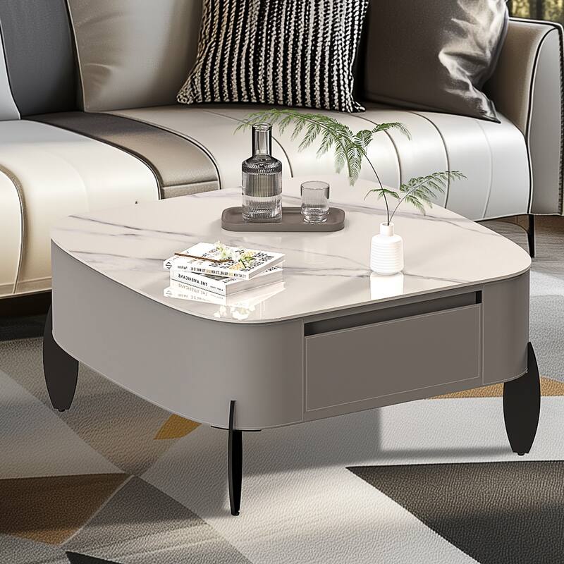Rounded Square Sintered Stone Coffee Table Microfiber Saddle Leather - 32"