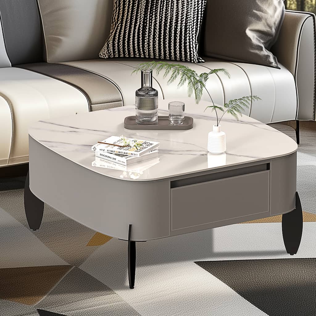 Rounded Square Sintered Stone Coffee Table Microfiber Saddle Leather - 32"