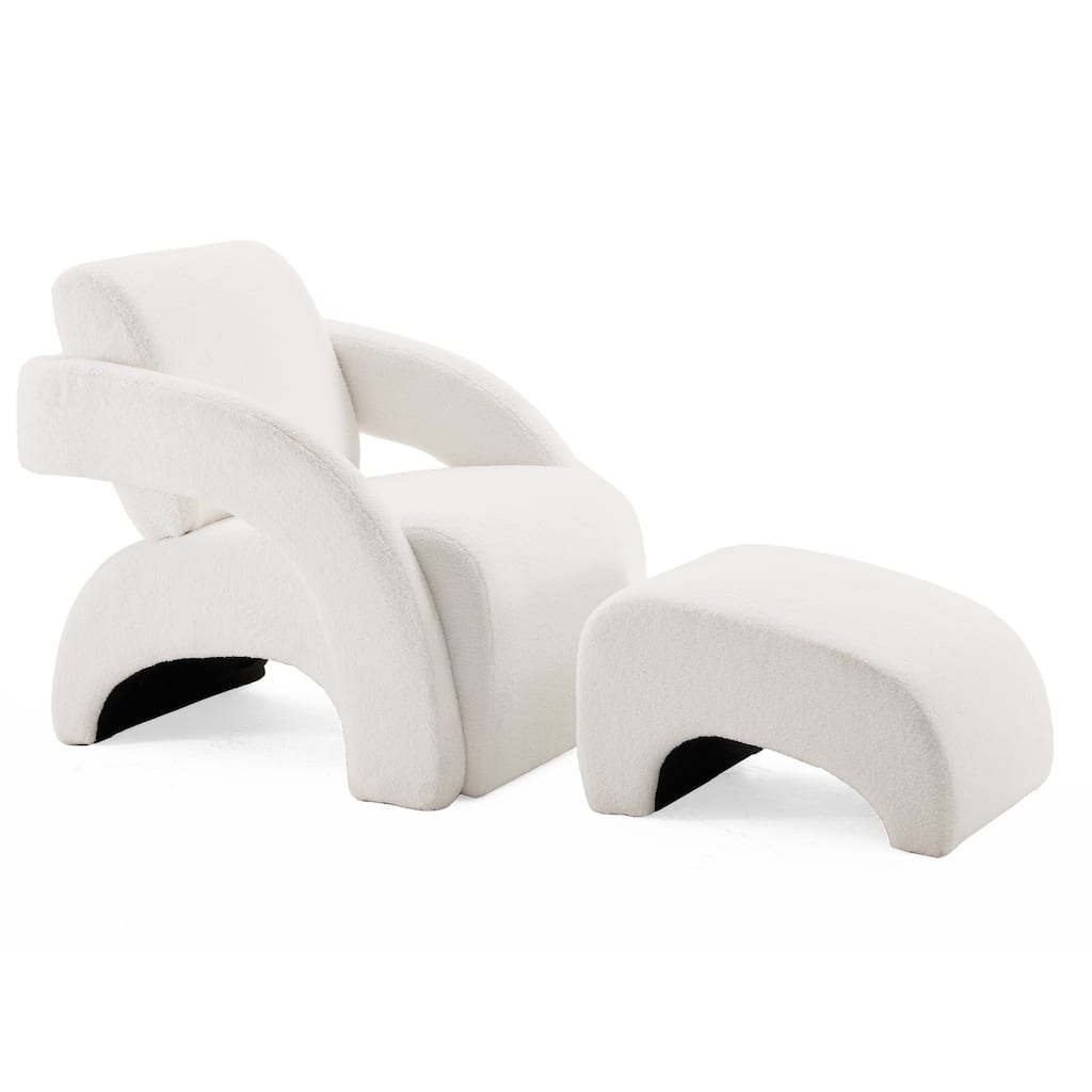 Upholstered Armchair with Ottoman - Plush Bouclé Fabric, Curved Seat & Sled-Base Lounge Chair for Living Room, Bedroom, Study