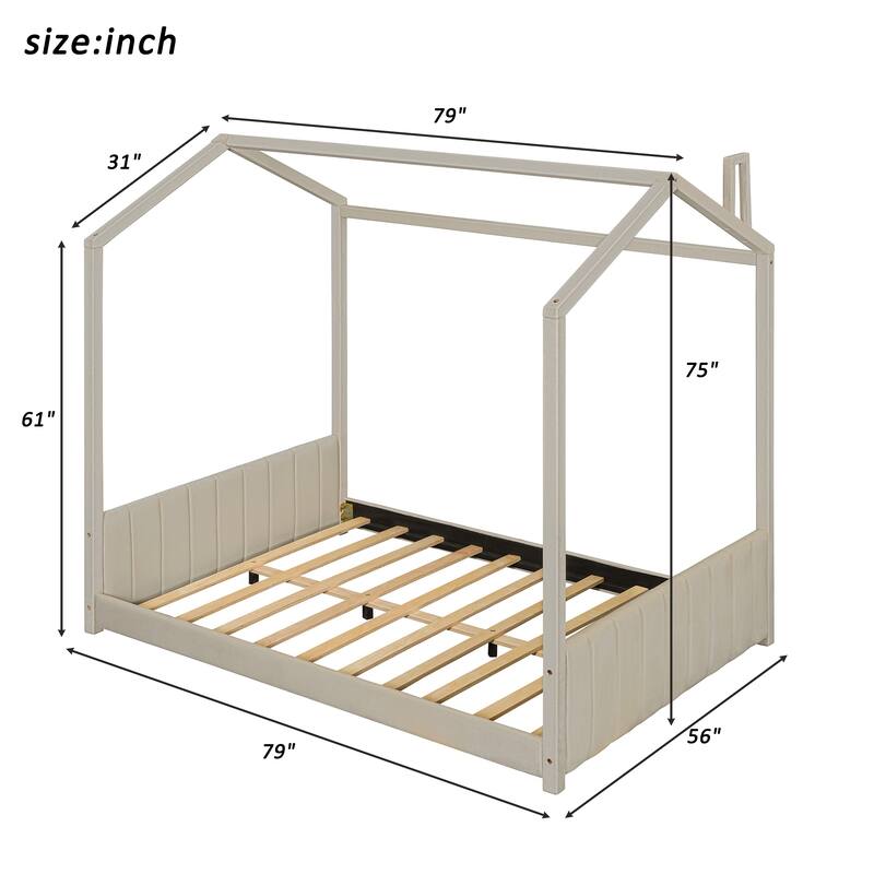 Modern Velvet Upholstered Playhouse Bed Frame with Wooden Slat Support