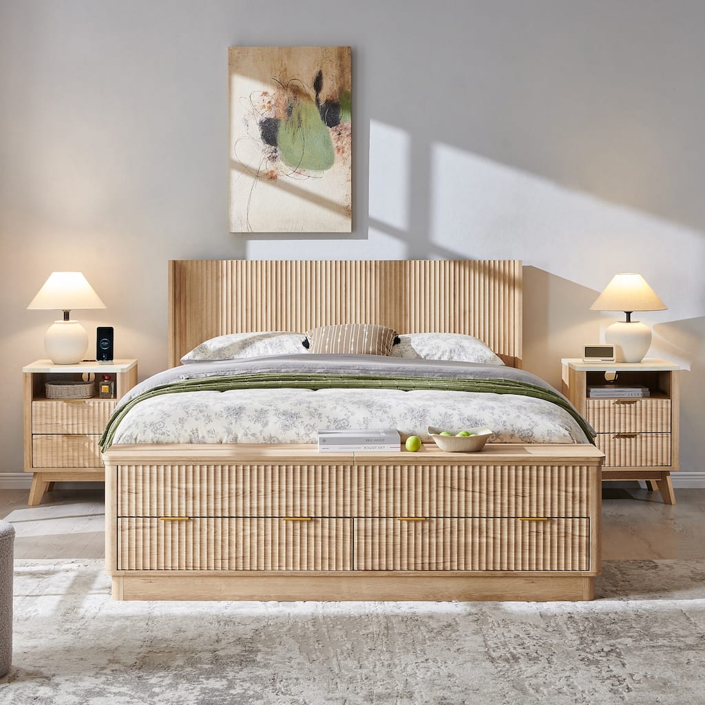 Modern Fluted Queen Size Bed Frame with Headboard & Footboard Storage