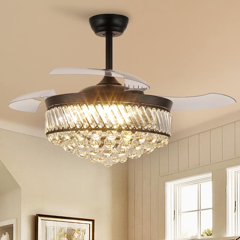 48" Crystal Fandelier Ceiling Fan with Light and Retractable Blades LED Dimmable for Bedroom Living Room - 48 Inches