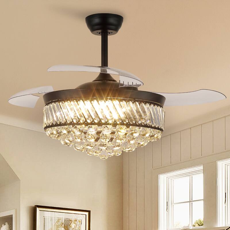 Kviflon 48" Crystal Fandelier Ceiling Fan with Light and Retractable Blades LED Dimmable for Bedroom Living Room - 48 Inches