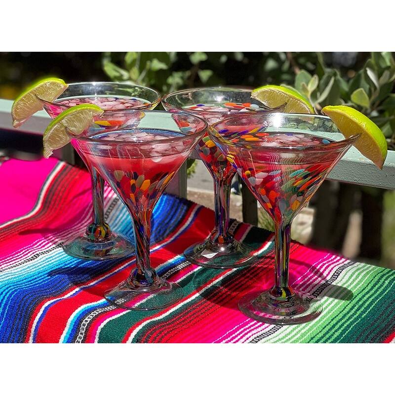 Dos Suenos Mexican Hand Blown Glass - Set of 4 Hand Blown Modern Margarita Glasses - Confetti Carmen (12 oz)