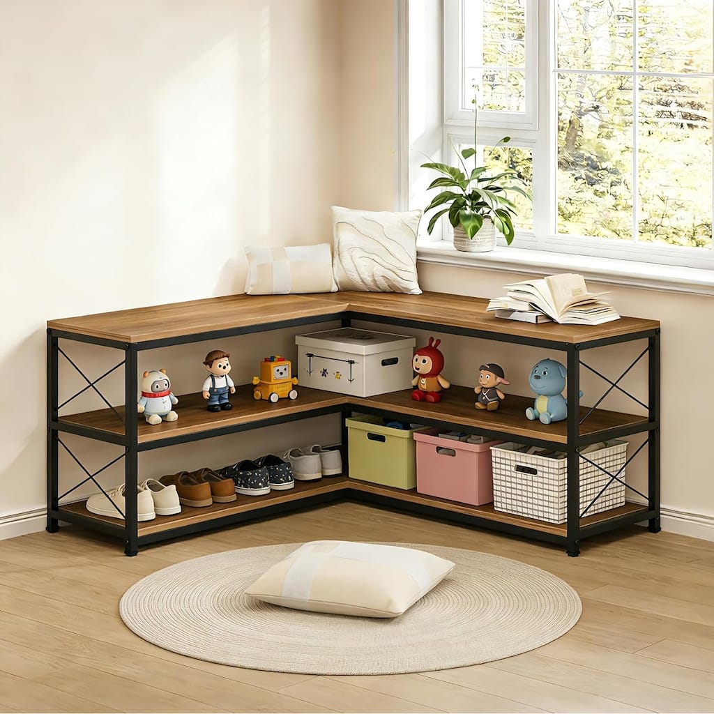 39.4" Corner Bench, 3-Tier L-Shaped Entryway Bench with Shoe Storage