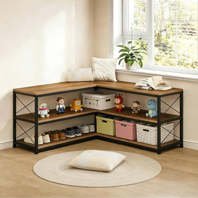 39.4" L-Shaped Shoe Rack Bench, 3-Tier Entryway Corner Bench with Shoe Storage