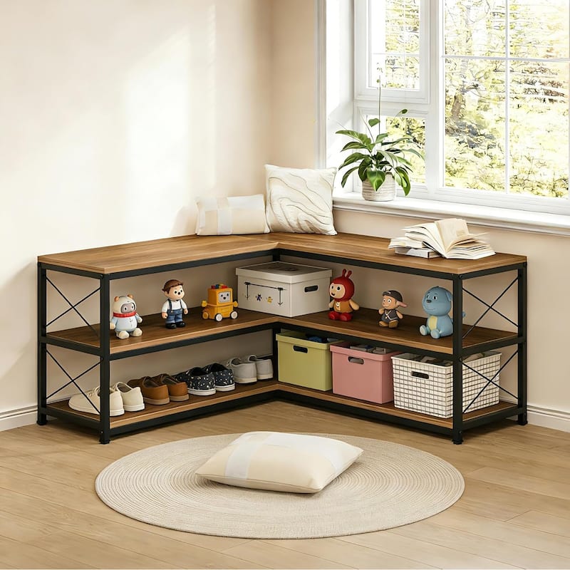 L-Shaped Shoe Rack Bench, 3-Tier Entryway Corner Bench with Shoe Storage