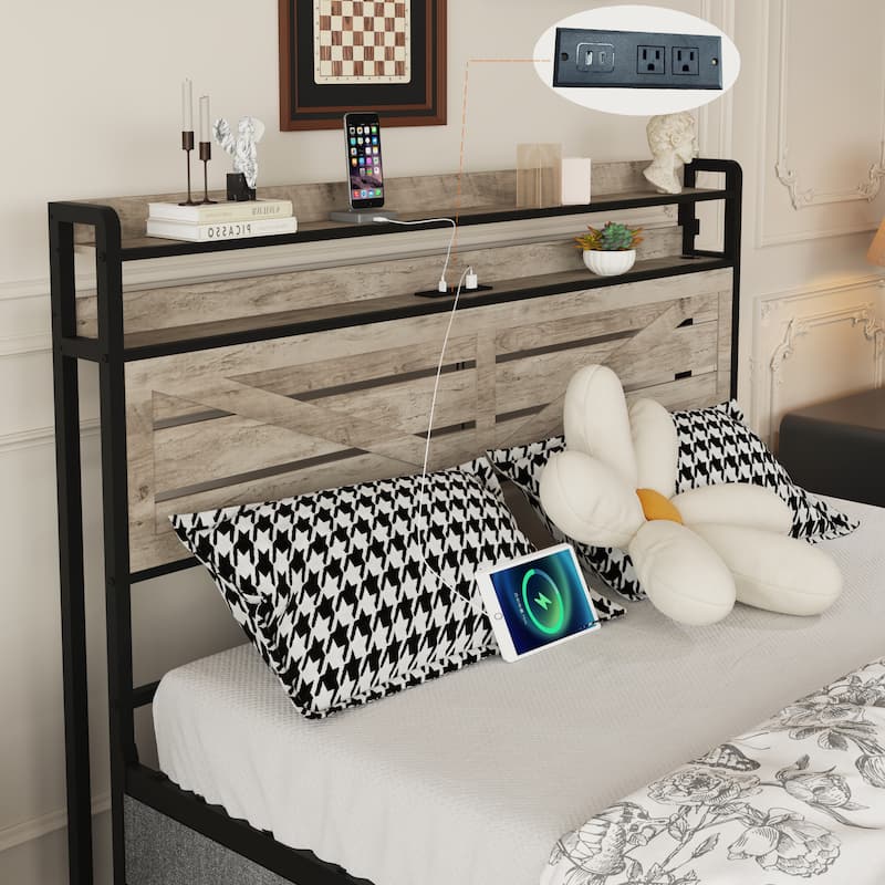 Full Size Bed Frame with Storage Headboard and 12 Drawers, LED Lights, Metal Platform Bed No Box Spring