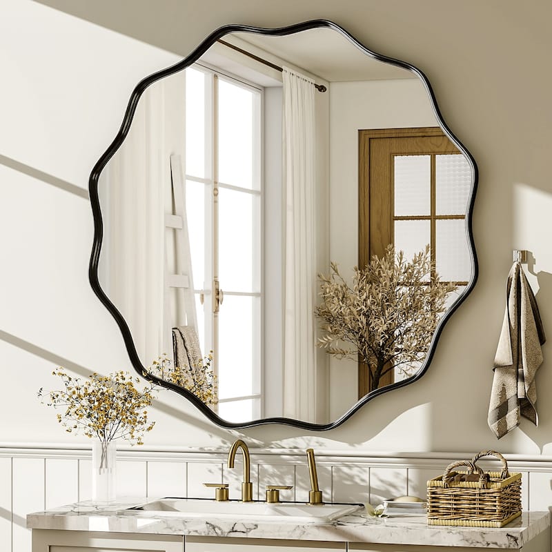 Round Wavy Bathroom Mirror Deep Frame Decorative Mirror Wall-Mounted