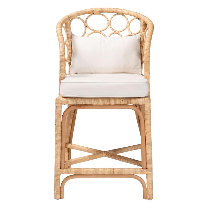 Prisca Natural Rattan Counter Stool with Bubble Frame - Handwoven Wicker Accent Stool with Round Back and Removable Cushions