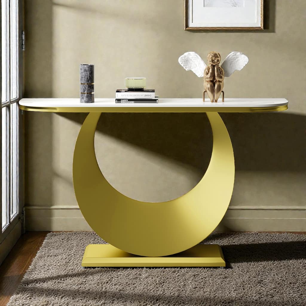 47 Inch Half-Console Table with Faux Marble Top & Gold Metal Base, Modern Narrow Entryway Table for Hallway & Living Room