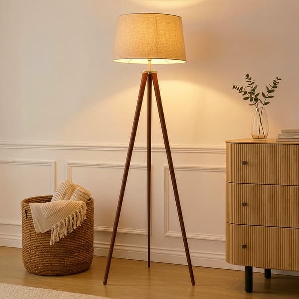 Brightech Emma 61 in. Mid-Century Modern LED Super Bright Floor Lamp with Beige Fabric Drum Shade - Walnut Brown