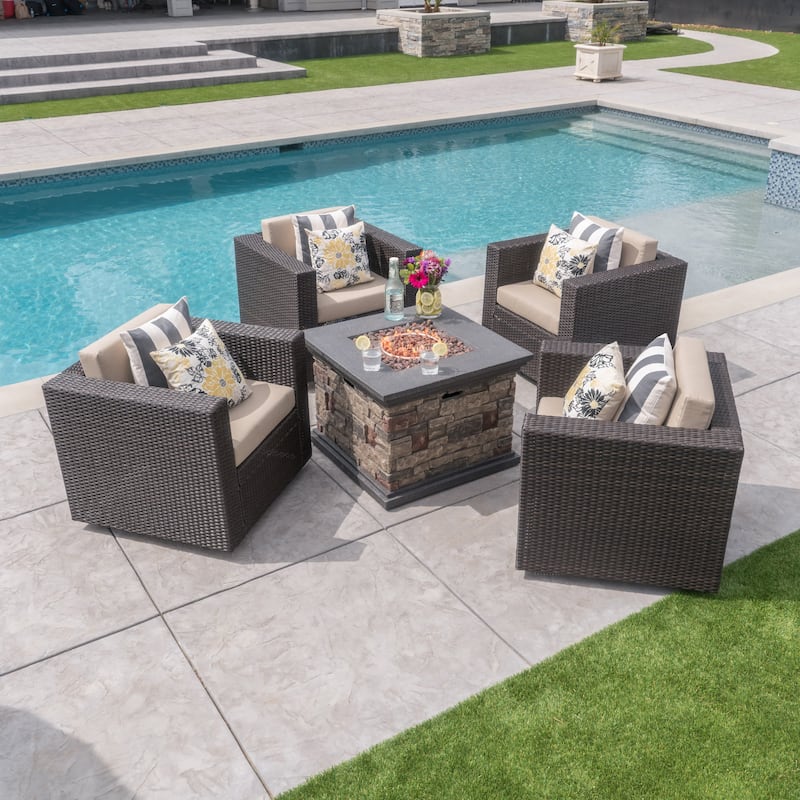 Puerta Outdoor 5-piece Wicker Chair and Square Stone Firepit Set by Christopher Knight Home