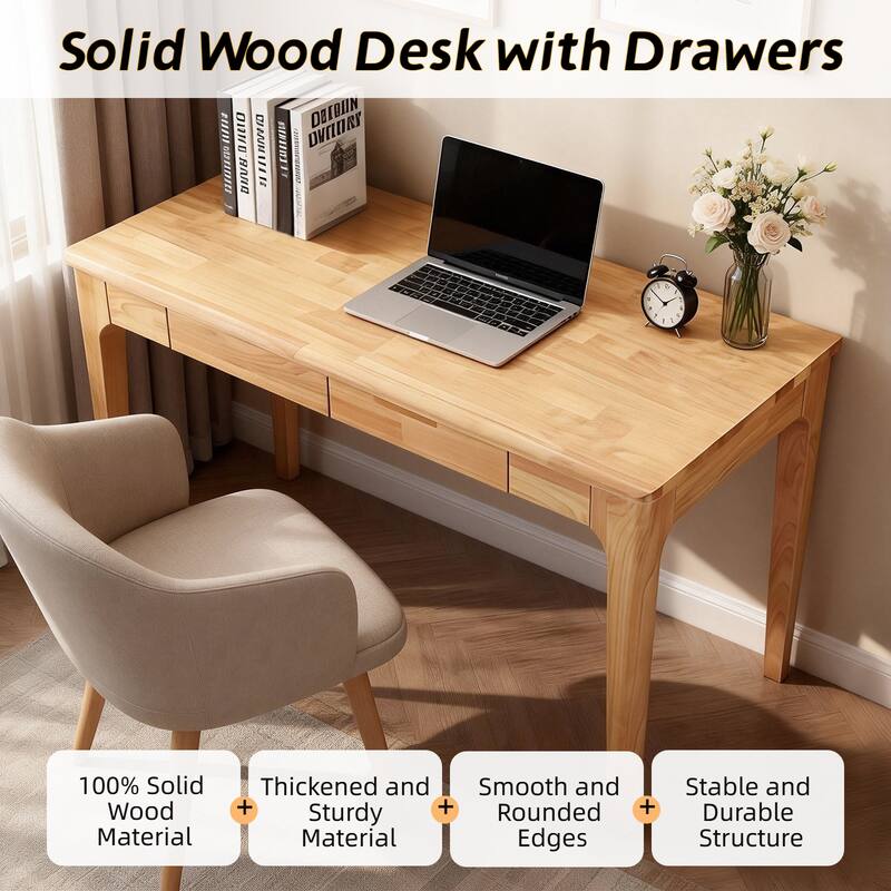 Anmytek Natural Solid Wood Writing Desk with Storage Drawers Mid Century Modern Home Office Workstation for Small Spaces