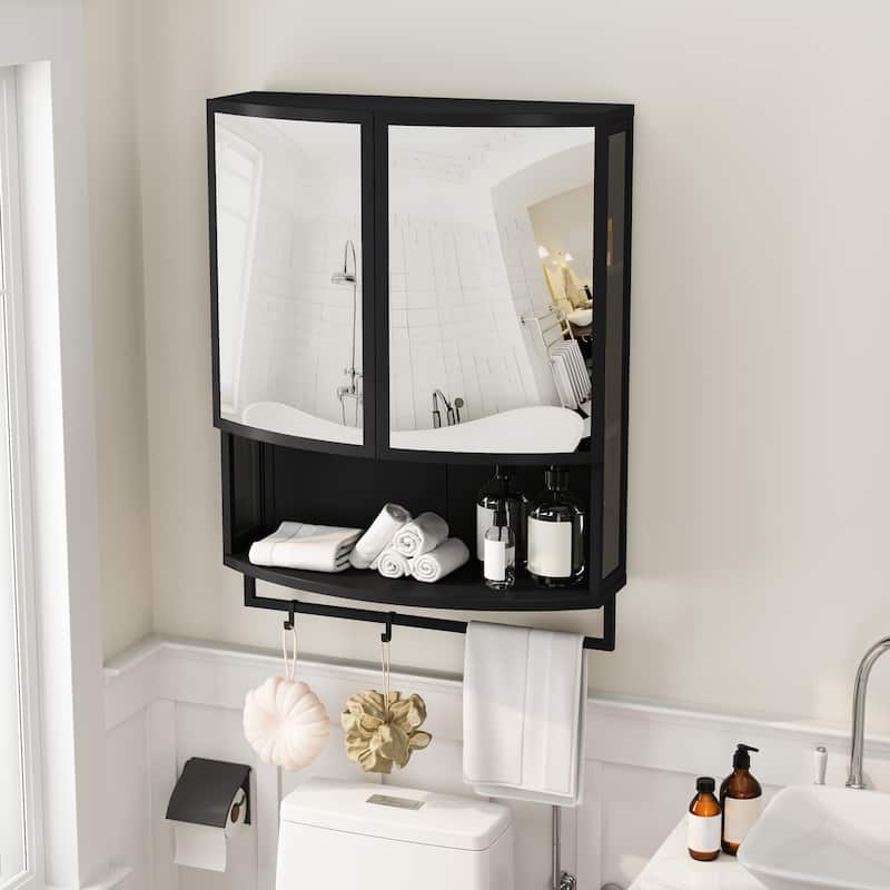Anmytek Black 24 Inch Arched Mirror Wall Cabinet with Glass Double Doors and Towel Rack - 23.62*8.85*31.5