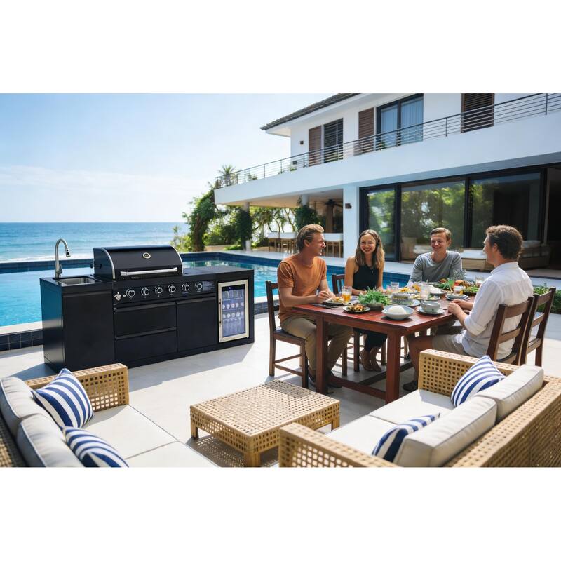 GDFStudio Xaviron Stainless Steel Outdoor Kitchen Island Grill with 4 Burners, Rotisserie and Refrigerator