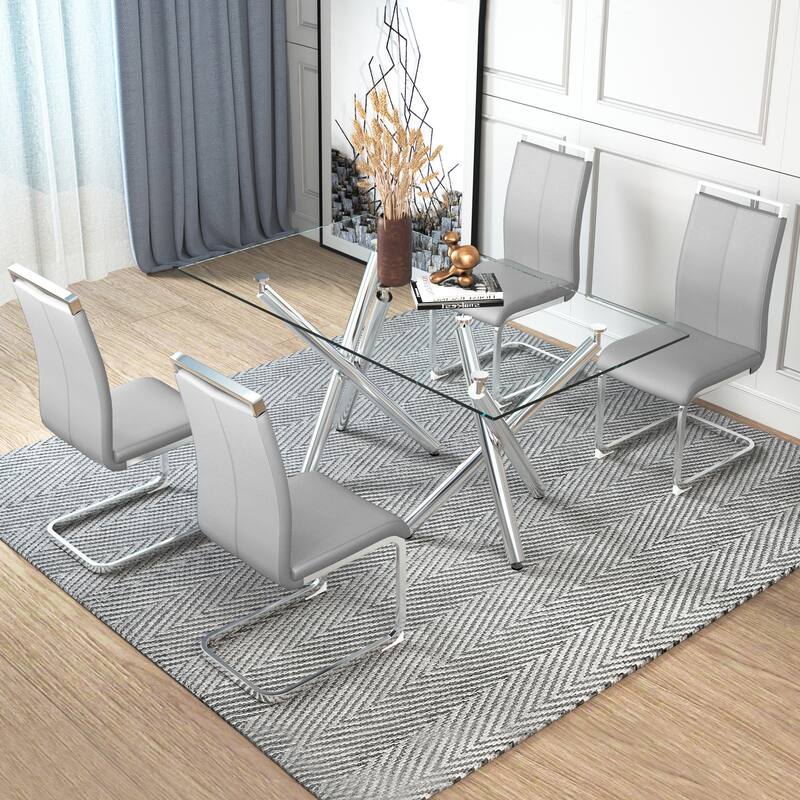 Modern PU Faux Leather High Back Dining Chairs with C-shaped Tube Chrome Metal Legs
