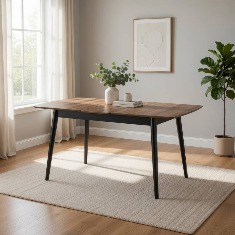 Anae 51-63 Inch Dining Table, Butterfly Leaf, Brown Wood Top, Black Legs