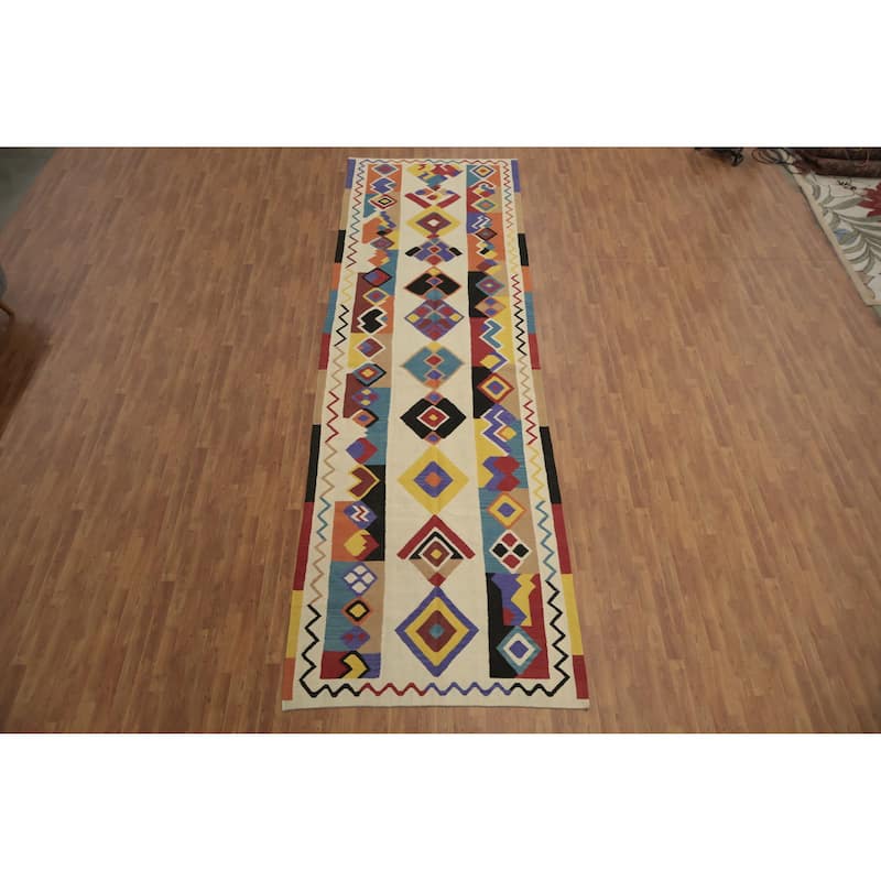 Hand Woven Oriental 100% Wool Carpet Southwestern Modern Beige & Ivories Kilim Runner Rug - 18' 1'' X 5' 5''