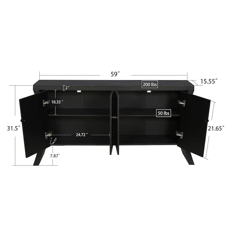 GDFStudio - Industrial 4-Door Credenza with Wooden Arc Legs & Bronze Clasps, Solid Wood Storage Cabinet